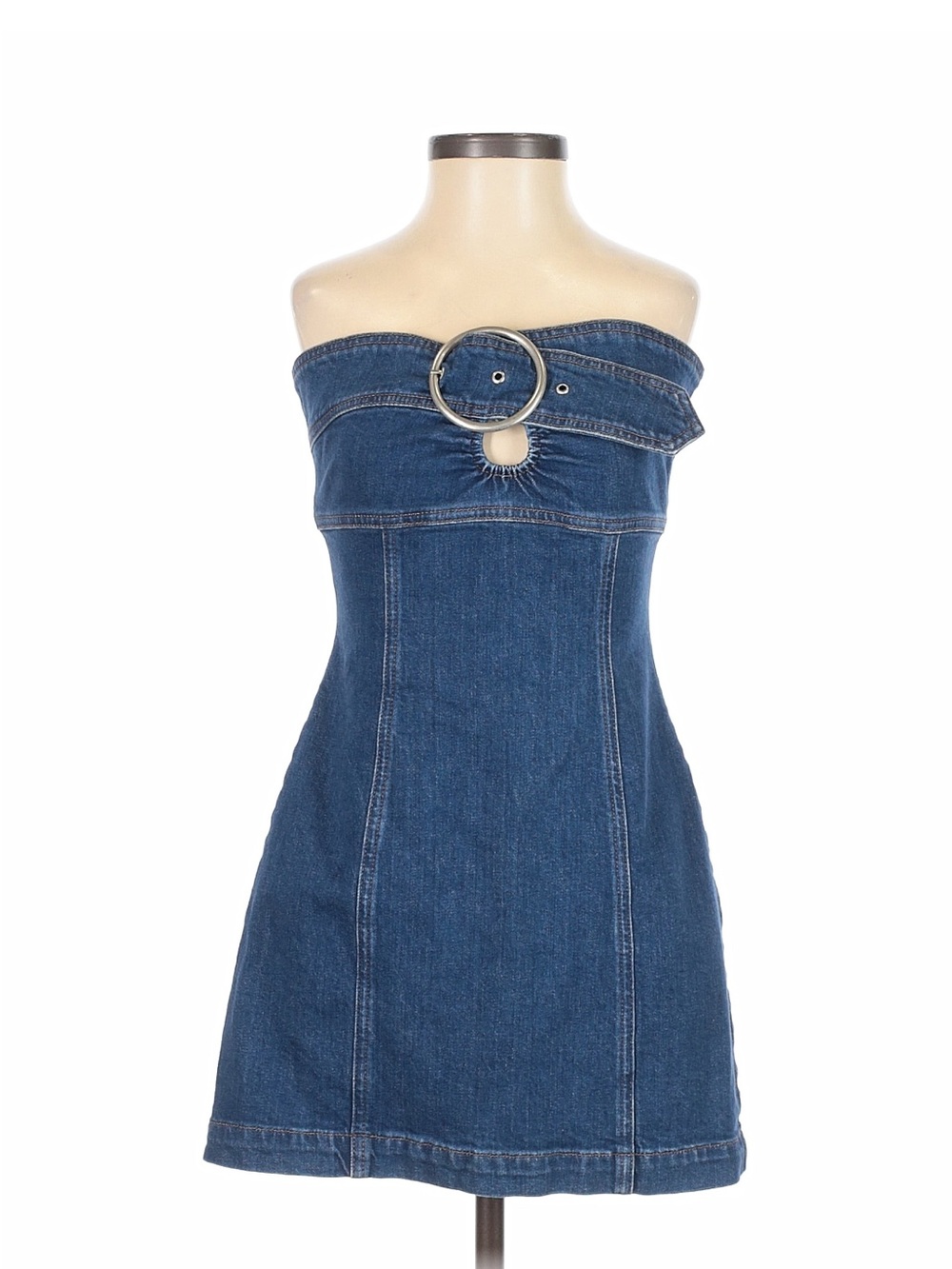 Reformation Strapless Denim Mini Dress in Blue with Ring Detail